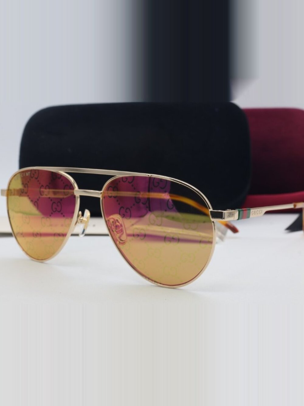 Gucci GG 1679S 002 Aviator Mammogram GG Gold Sunglasses Pink Lenses - Picture 3 of 5